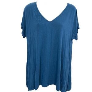 SOMA Teal Blue Short Sleeve V-Neck Stretch Jersey Knit Top Shirt Blouse sz M